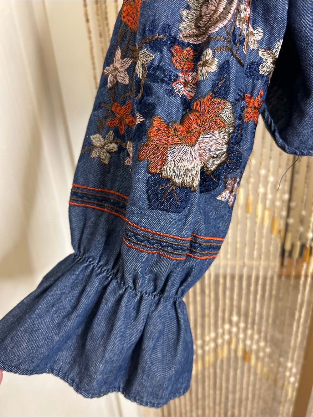 Embroidered Off-Shoulder Denim Blouse - Blue - Picture 12 of 15